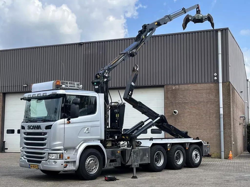 Scania G G450 / 8x4 / Palfinger Epsilon Q150Z95TR Triple Z-kraan / Haakarm Hooklift / Euro6 / Manual / Full air / Big axle / NL Truck